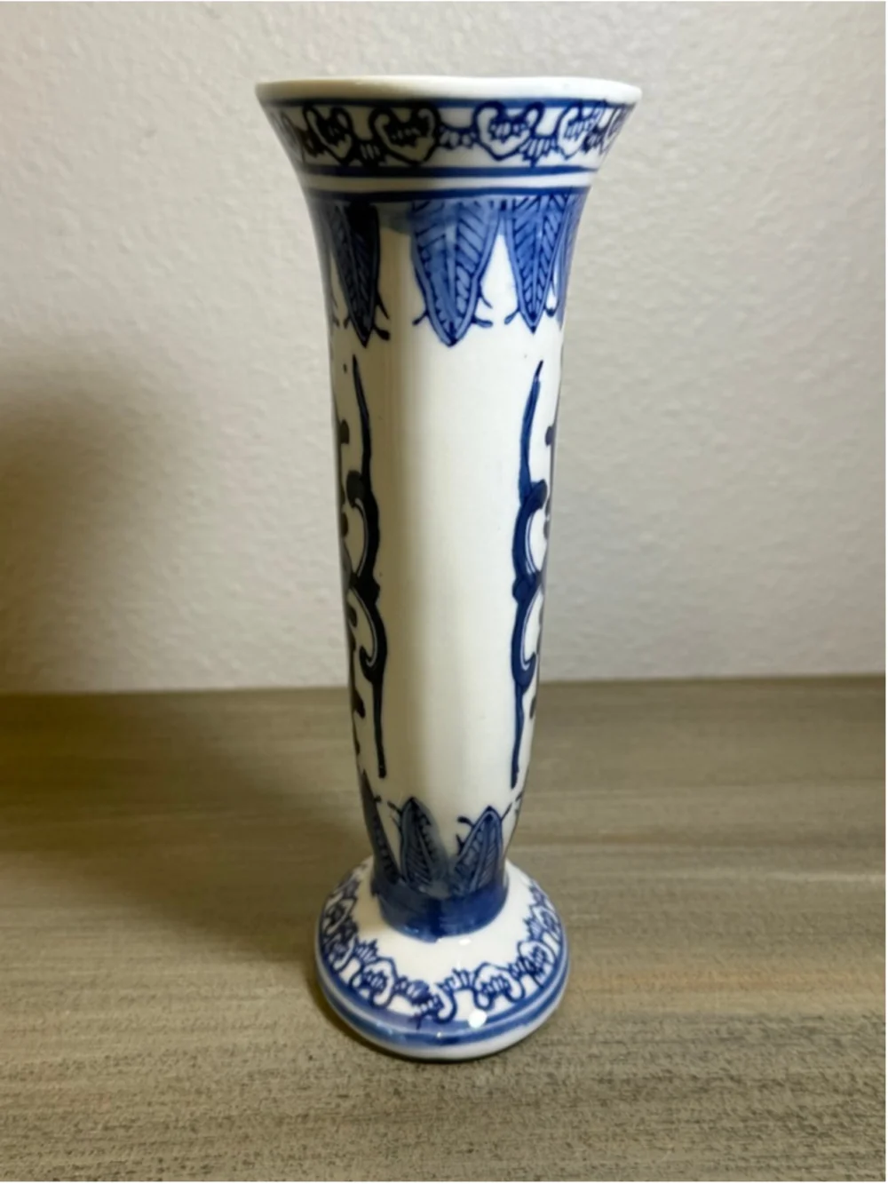 Vintage Japanese Porcelain Vase Decorated in Blue White Floral Trumpet Shape